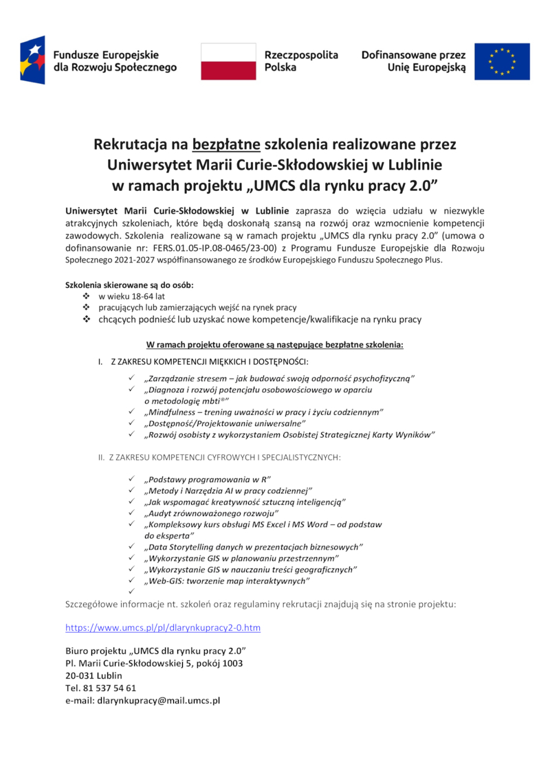 Rekrutacja na bezpłatne	szkolenia realizowane przez Uniwersytet Marii Curie- Skłodowskiej w Lublinie w ramach projektu „UMCS dla rynku pracy 2.0”