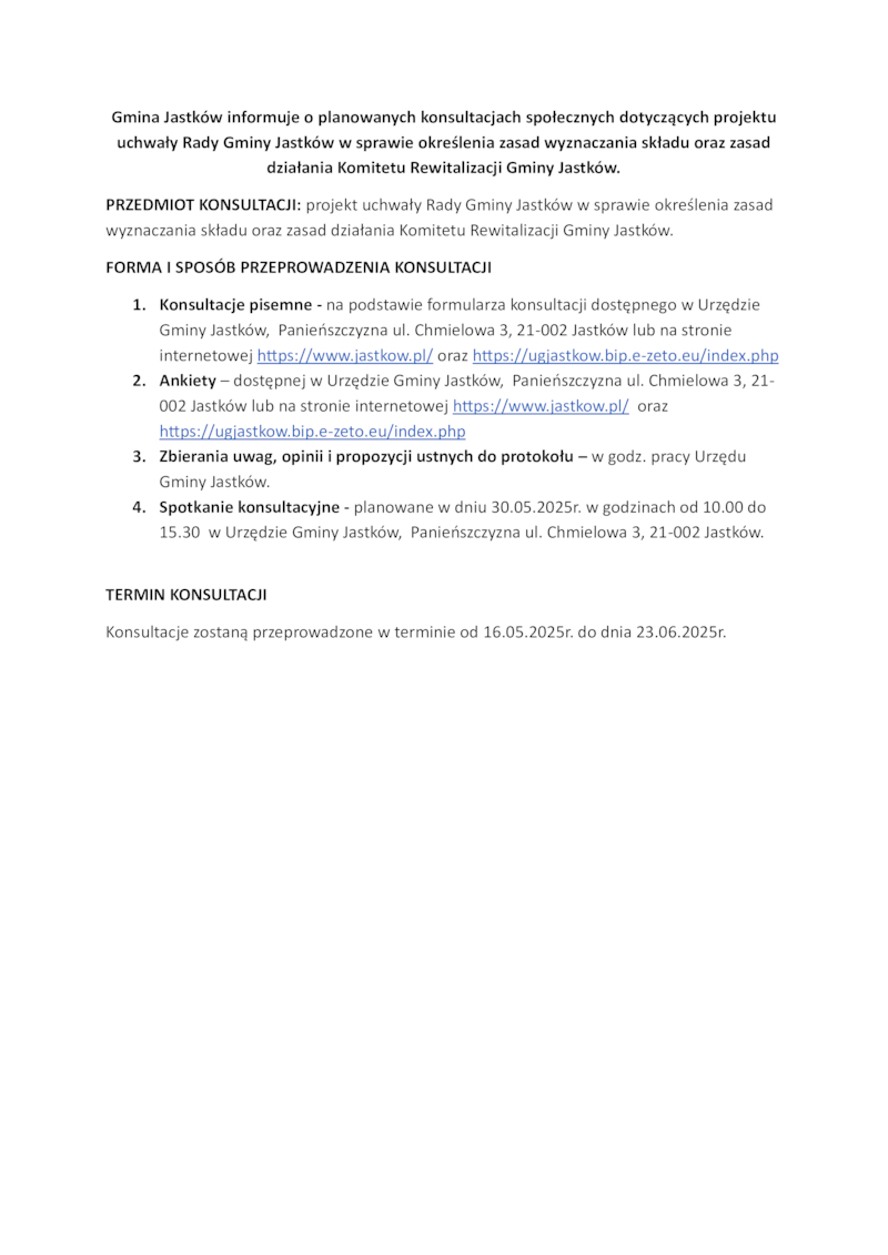 Gmina Jastków informuje o planowanych konsultacjach społecznych dotyczących projektu uchwały Rady Gminy Jastków w sprawie określenia zasad wyznaczania składu oraz zasad działania Komitetu Rewitalizacji Gminy Jastków.